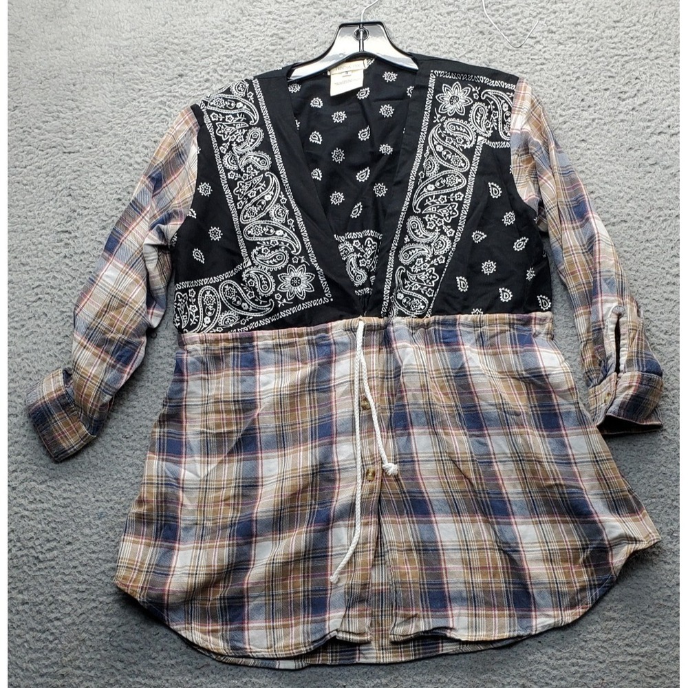 Tricia Fix Blouse Womens S Multi Plaid Paisley Upcycled Mixed Media Drawstring